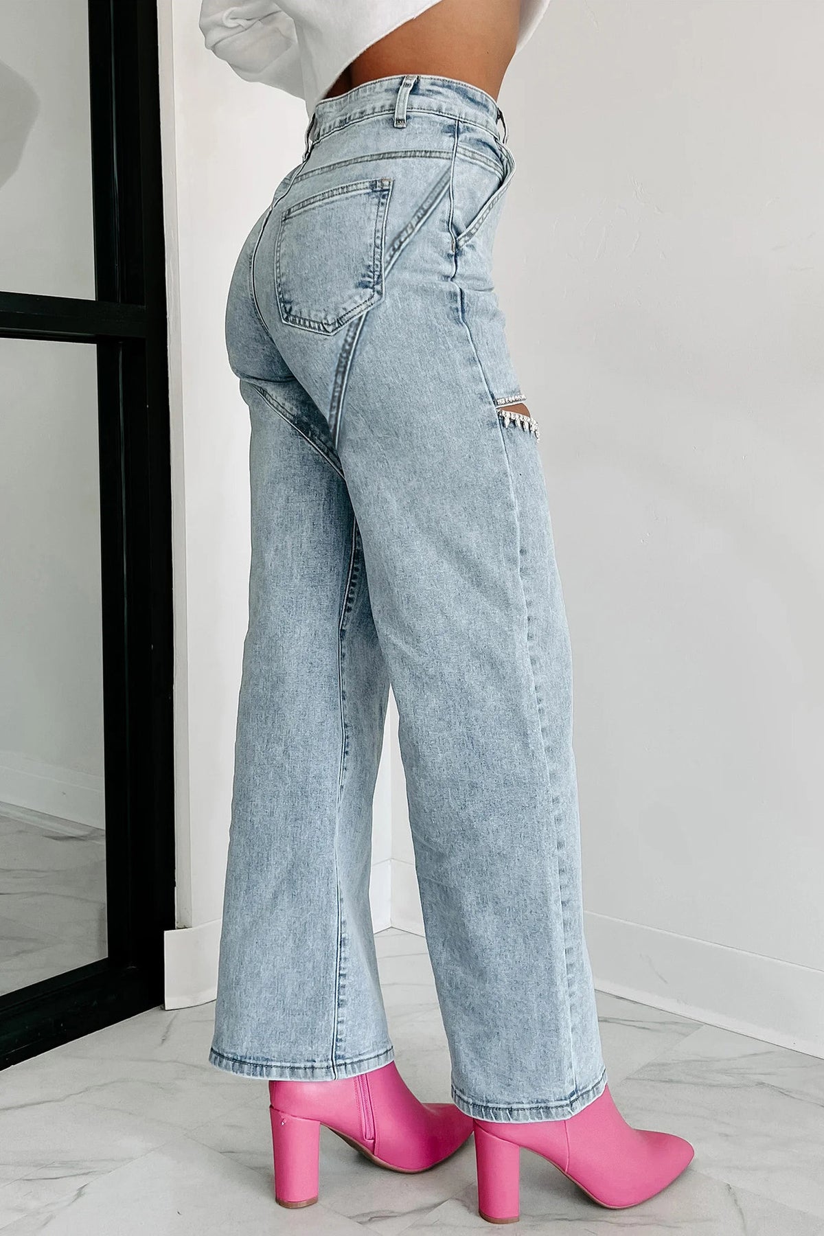 Washed Denim Rhinestone Cutout Jeans
