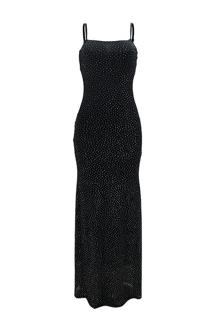 Spaghetti Strap Rhinestone Mesh Bodycon Dress
