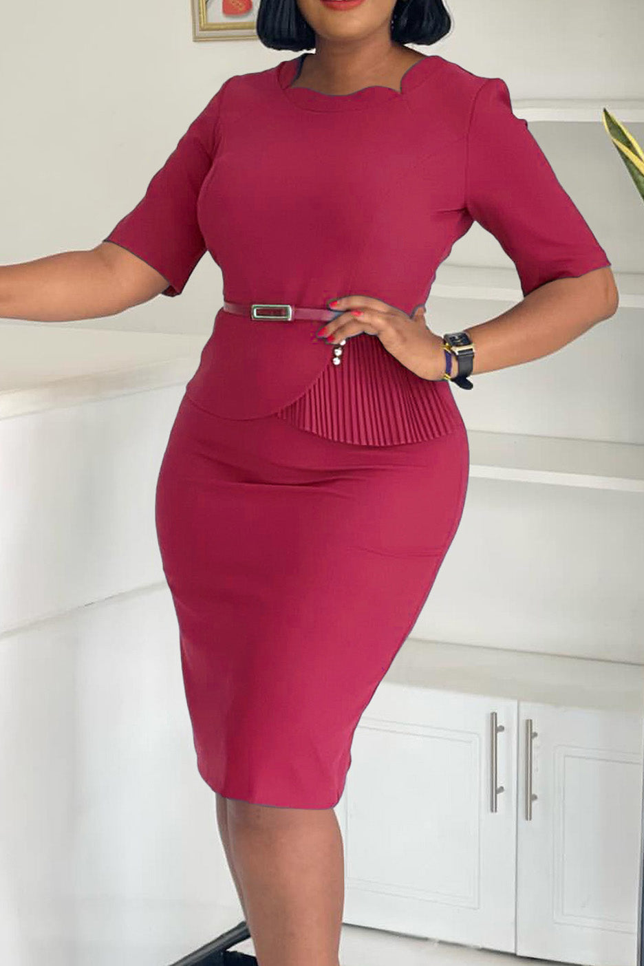 Solid Short Sleeves Knee Length Peplum Dress
