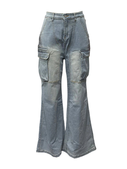 High-Rise Cargo Wide-Leg Utility Denim Jeans
