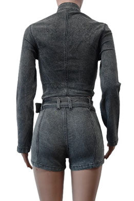Washed Denim Zip Up Top & Shorts Sets