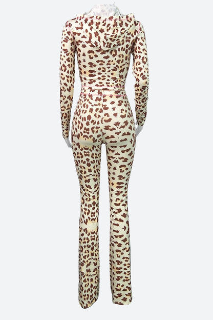 Leopard Print Zipper Jacket And Flared Pants
