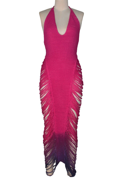 Crochet Halter Fringe Maxi Dress