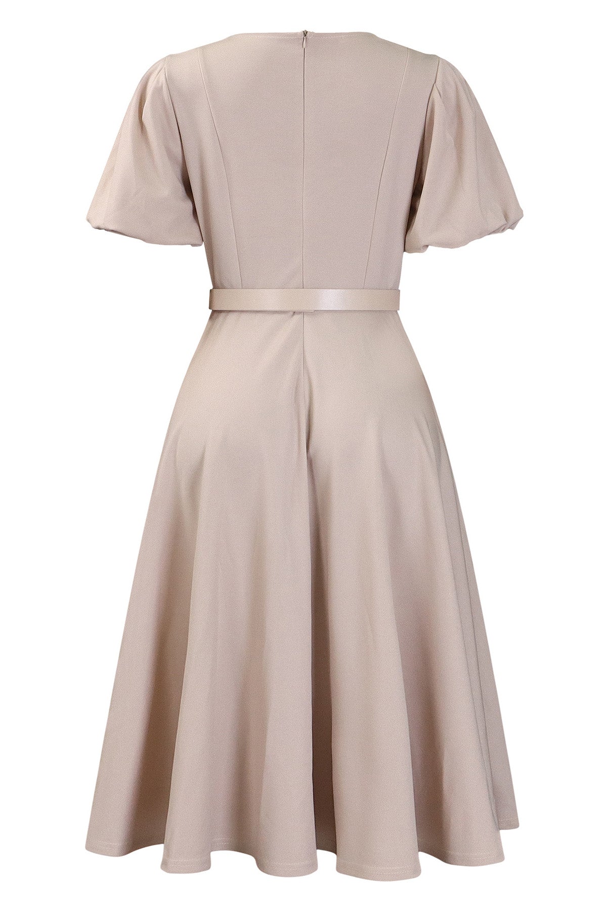 Puff Sleeve High Waist Solid Round Neck Dress
