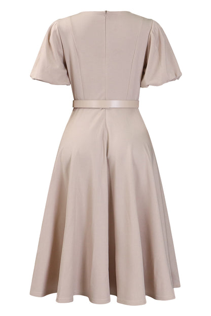 Puff Sleeve High Waist Solid Round Neck Dress