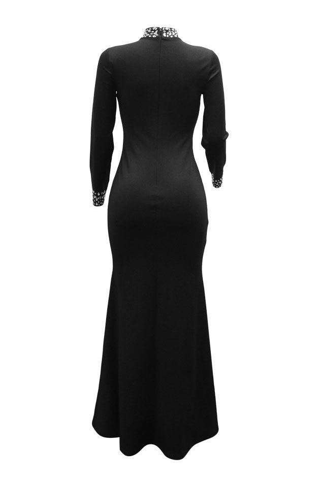 Rhinestone Embellished Mesh Illusion High Slit Maxi Dress