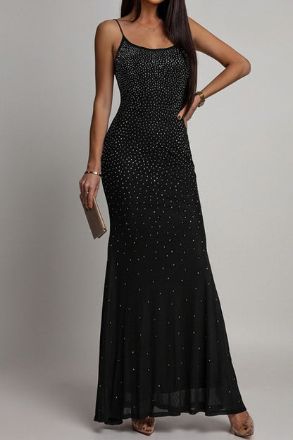Rhinestone and Pearl Mesh Mermaid Maxi Dress