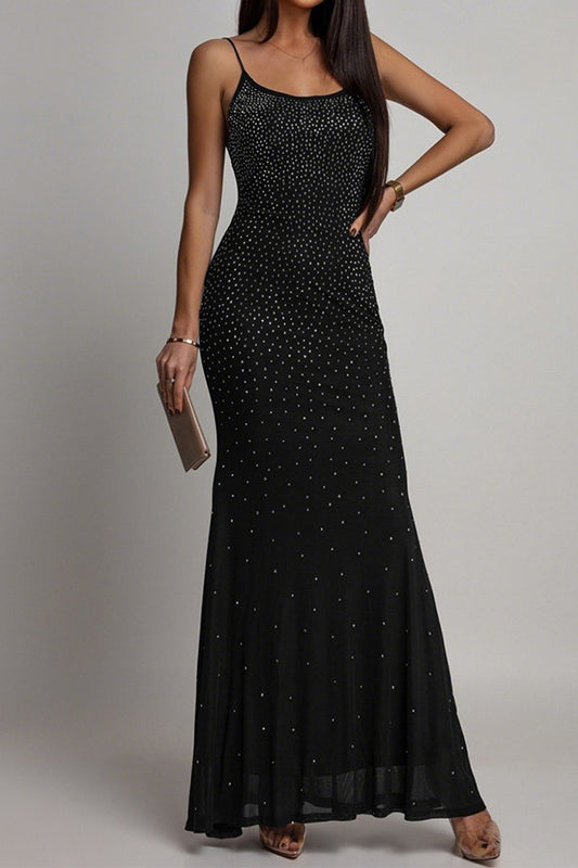 Rhinestone and Pearl Mesh Mermaid Maxi Dress