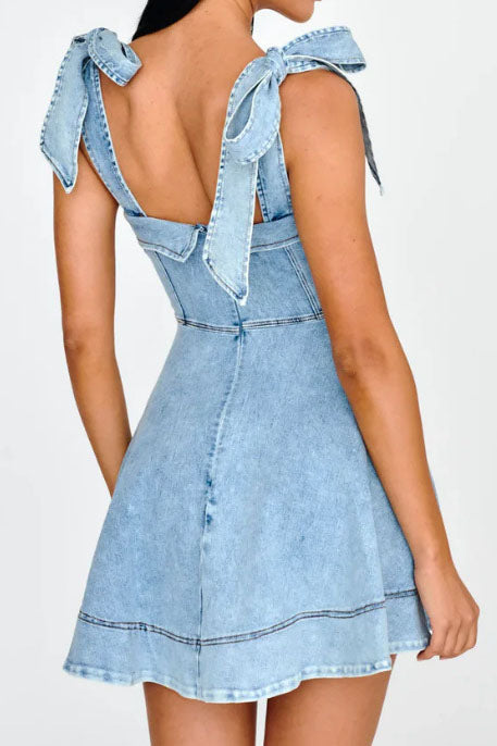 Square Neck Tie Shoulder Denim Dress