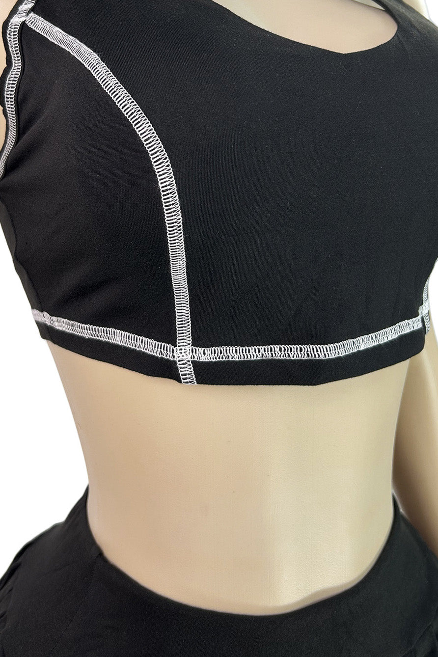 Contrast Stitch Collared Crop Top & Pleated Mini Skirt Set
