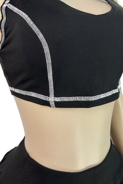Contrast Stitch Collared Crop Top & Pleated Mini Skirt Set