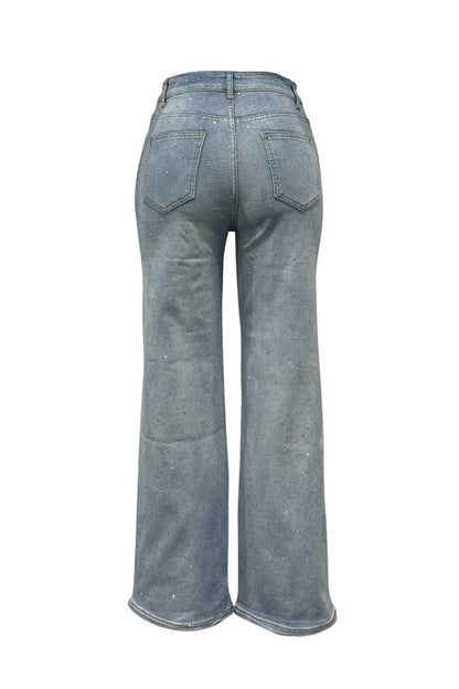 Wide-Leg High-Waist Rhinestone Jeans