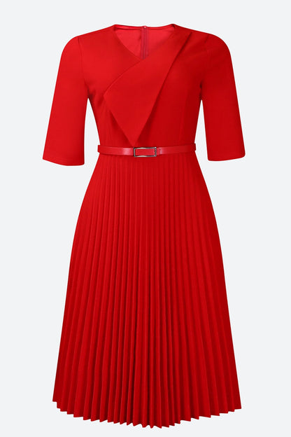 Solid Belted Pleated Dress