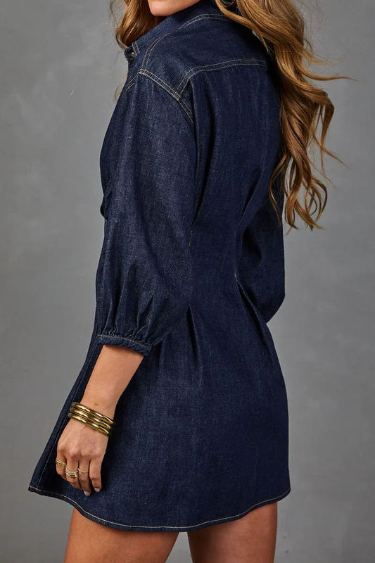 Puff-Sleeve Denim Mini Shirt Dress