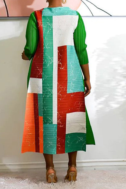 Abstract Print Pleated A Line Midi Dress