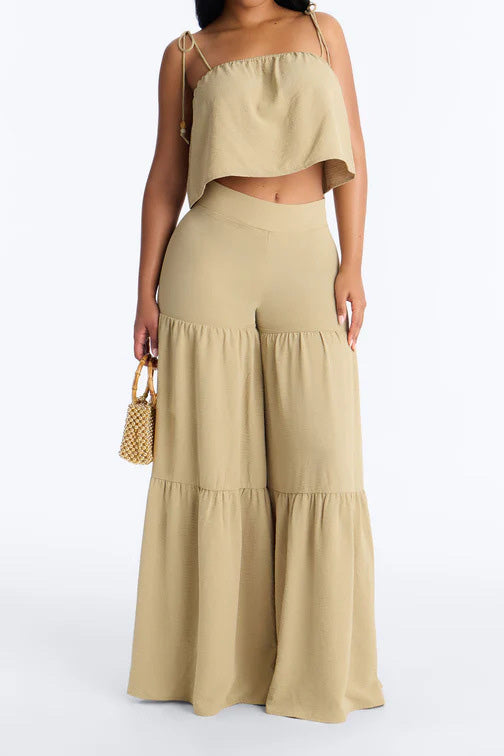Tie-Strap Crop Top & Tiered Wide Leg Pant Set
