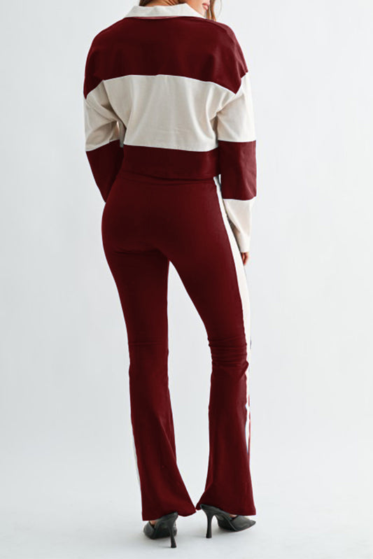Colorblock Polo Top & Flare Pants Set
