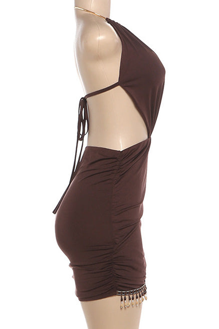 Cutout Halter Beaded Fringe Mini Dress