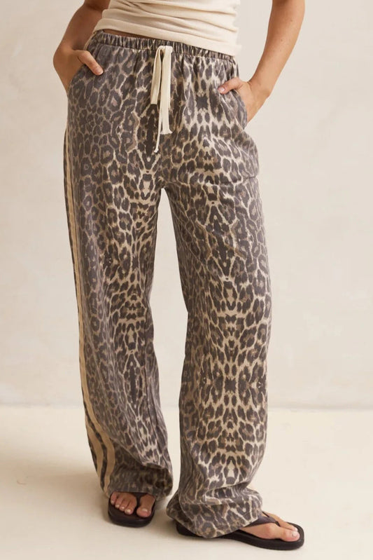 Leopard Print Drawstring Wide-Leg Pants