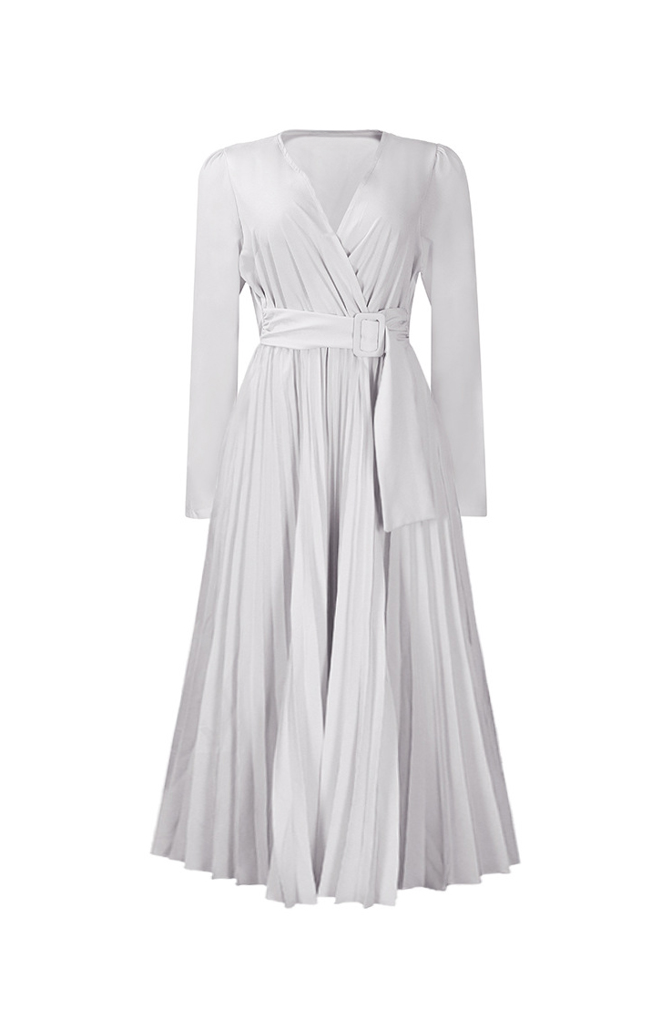 V Neck Long Sleeve Pleated Midi Dress