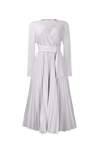 V Neck Long Sleeve Pleated Midi Dress