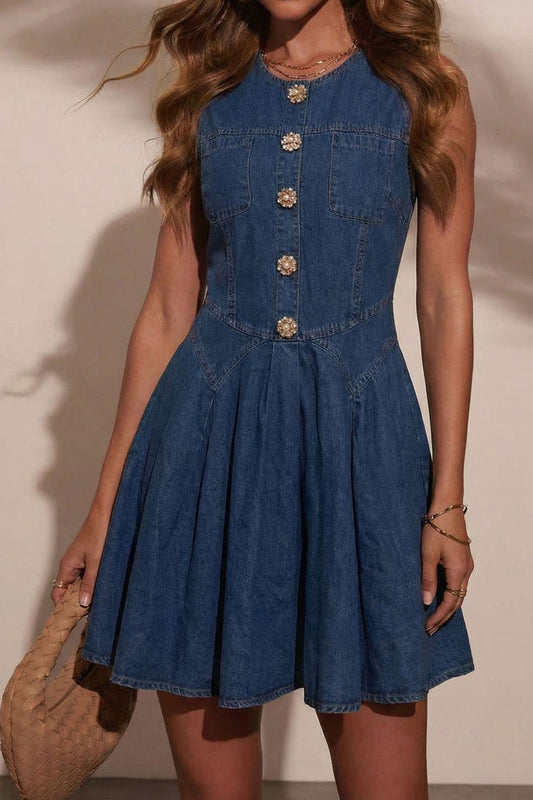 Decorative Jeweled Button Denim Mini Dress