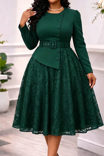 Belted Jacket Lace A Line Midi Dress