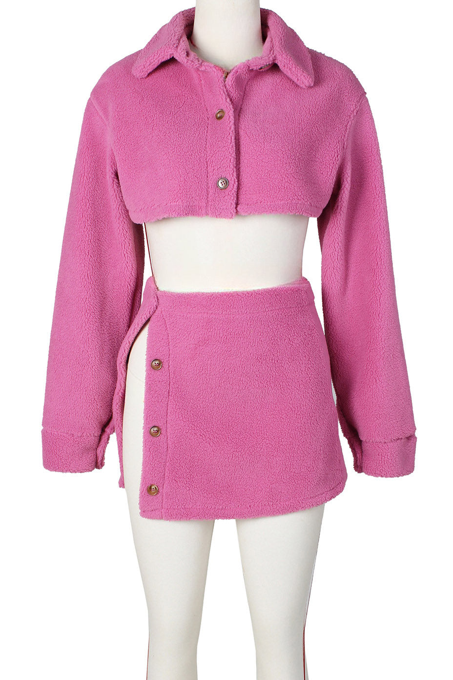 Fleece Long Sleeve Crop Tops Button Split Skirts