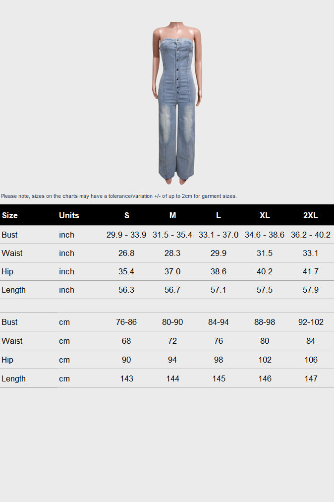 Denim Button Strapless Jumpsuit