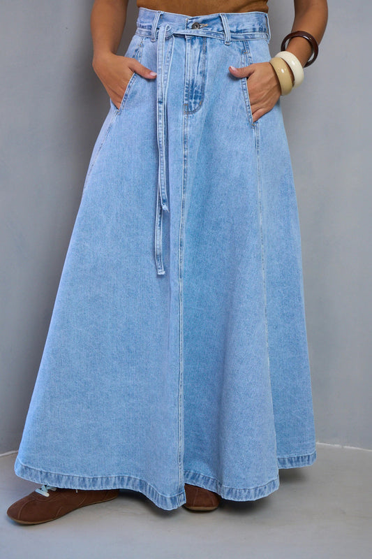 Belted High Waist A-Line Denim Maxi Skirt
