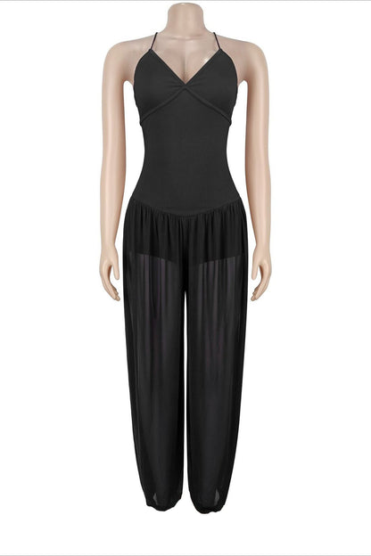 Sheer Lace-Up Wide Leg Jumpsuit