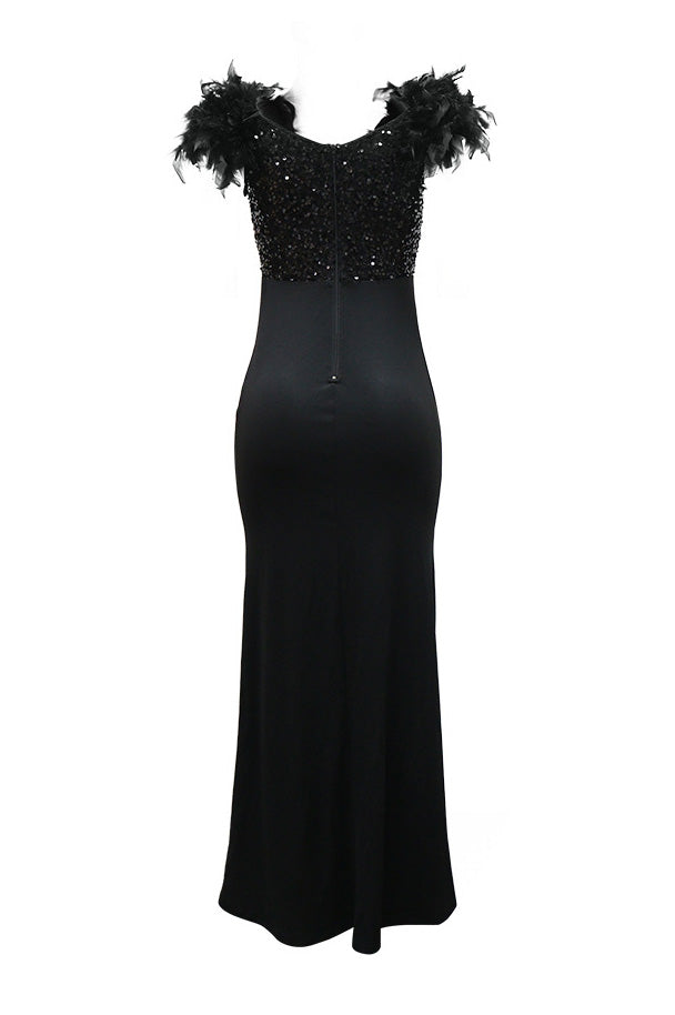 Sequin Feather Trim Slit Maxi Dress