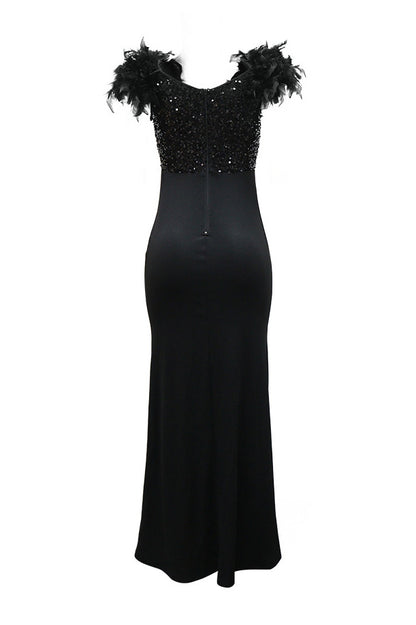 Sequin Feather Trim Slit Maxi Dress