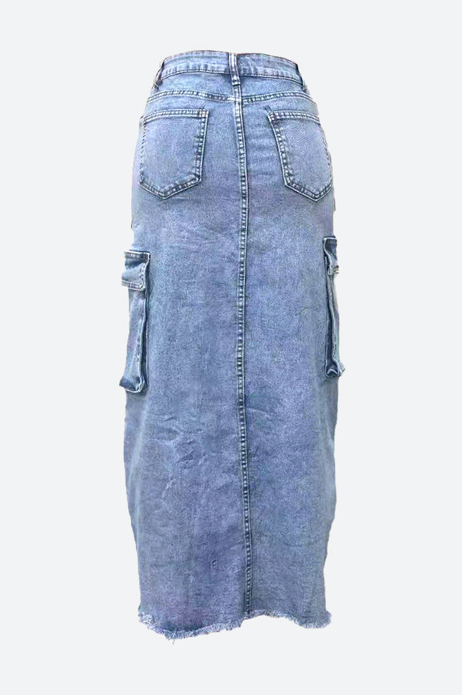 Slit Ripped Pocket Cargo Denim Skirt