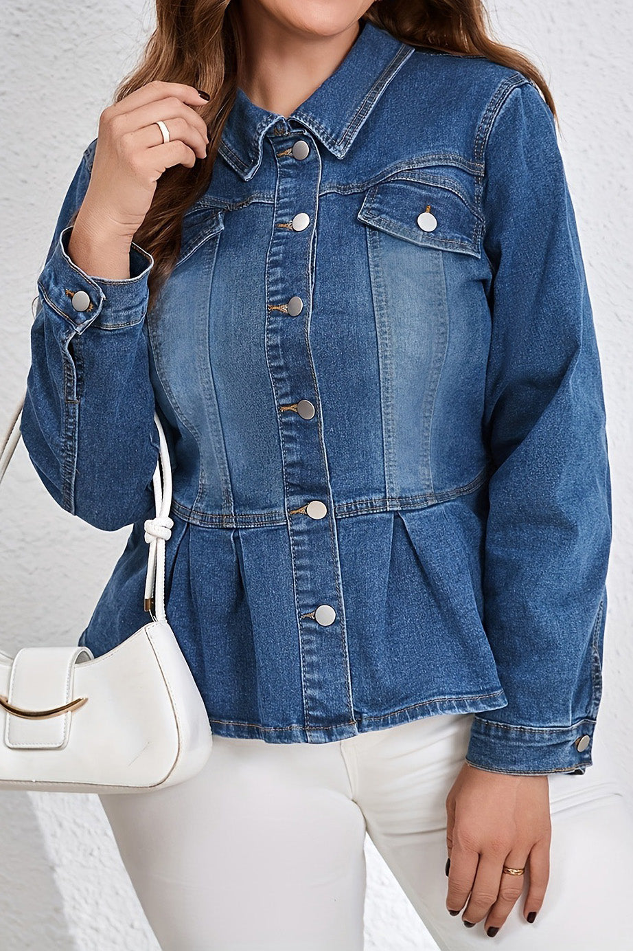 Peplum Hem Slim Fit Button-Down Denim Jacket