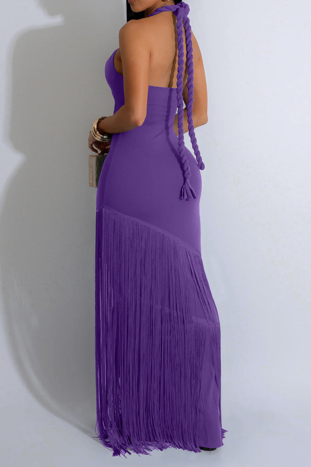 Halter Cutout Fringe Maxi Dress