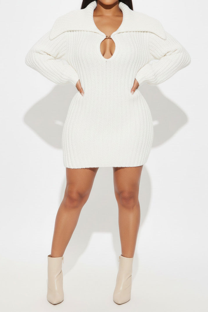 Fold Over Collar Lantern Sleeve Knit Dress