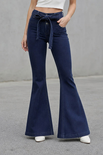 Medium Stretch High Rise Tie Belt Flare Jeans