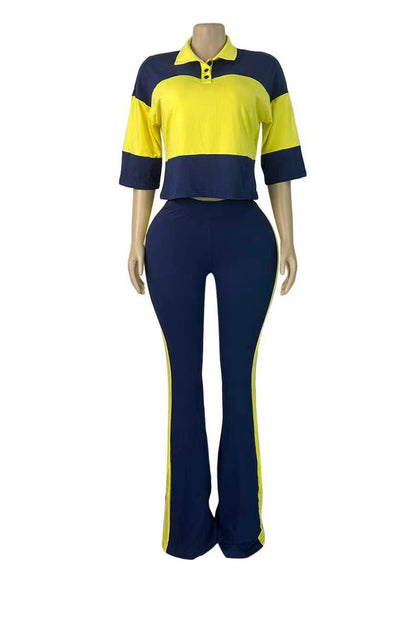 Collared Top & Flare Pants Two-Piece Set