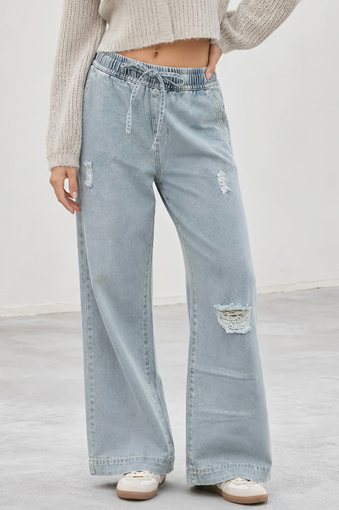 Elastic Waist Non-Stretch Ripped Wide Leg Jeans