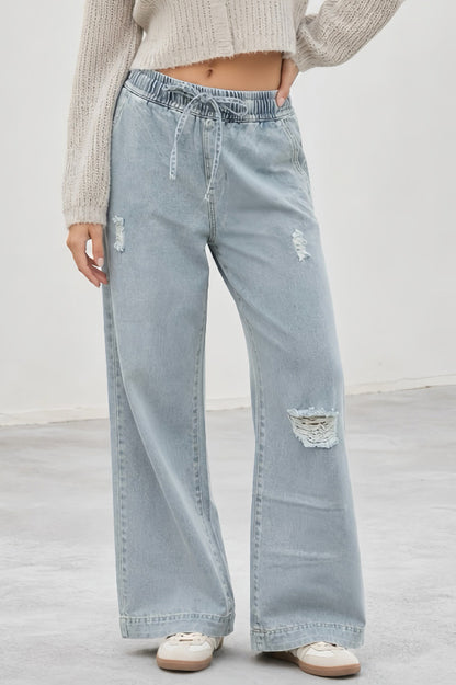 Elastic Waist Non-Stretch Ripped Wide Leg Jeans
