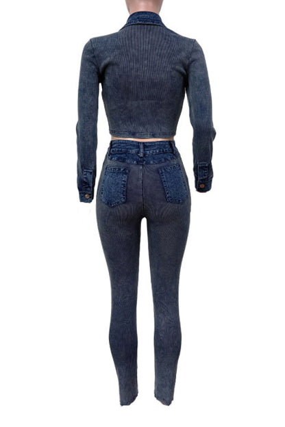 Ribbed Stretch Denim Two Piece Set