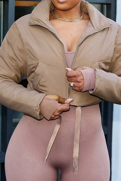 Solid Zip-Up Fitted Cotton Puffer Jacket