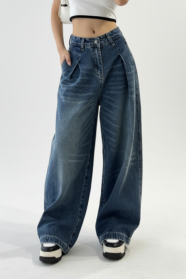 Plus Size Baggy Folded Wide Leg Jeans