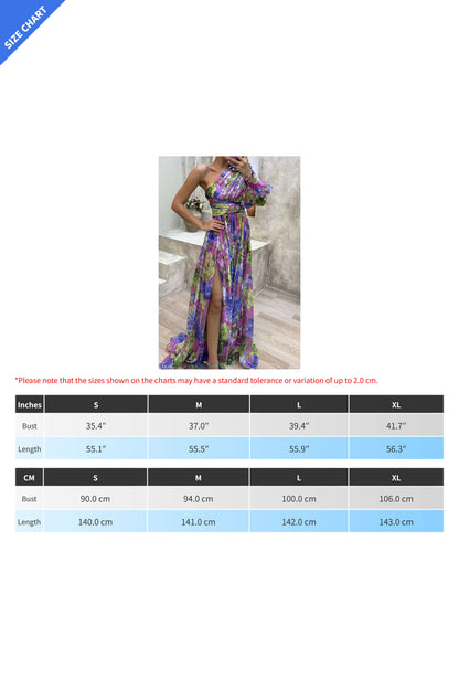Lantern Sleeve One Shoulder Floral Slit Maxi Dress