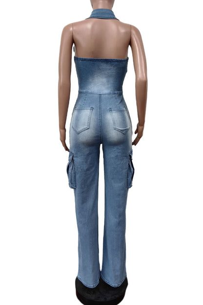 Multi Pocket Denim Halter Backless Jumpsuits