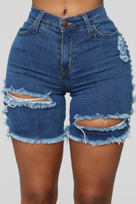 Distressed Cutout Denim Bermuda Shorts