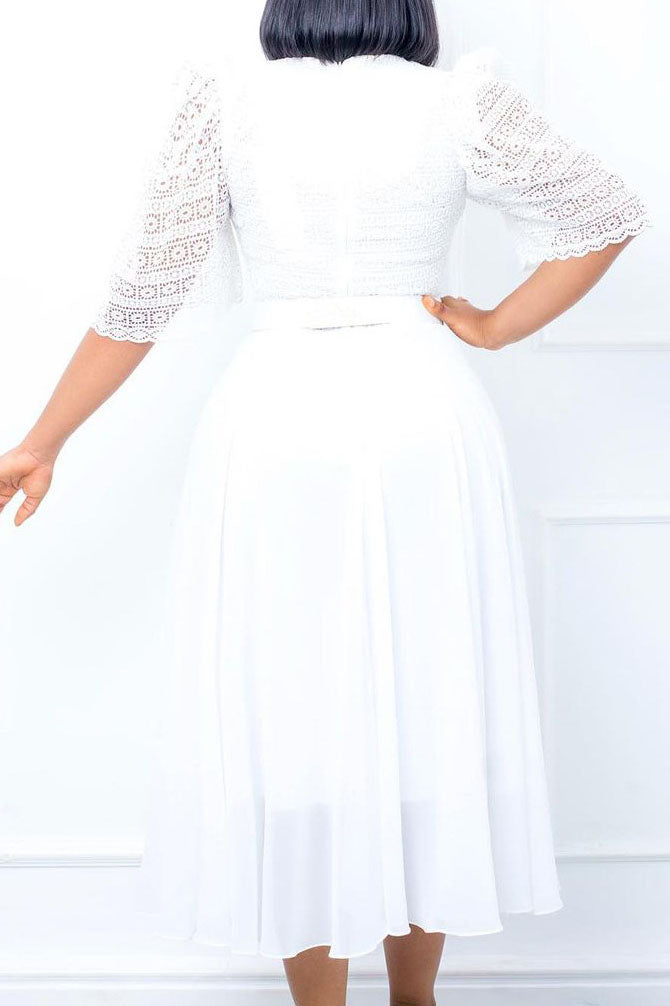 Square Neckline Lace Sleeve Midi Party Dress