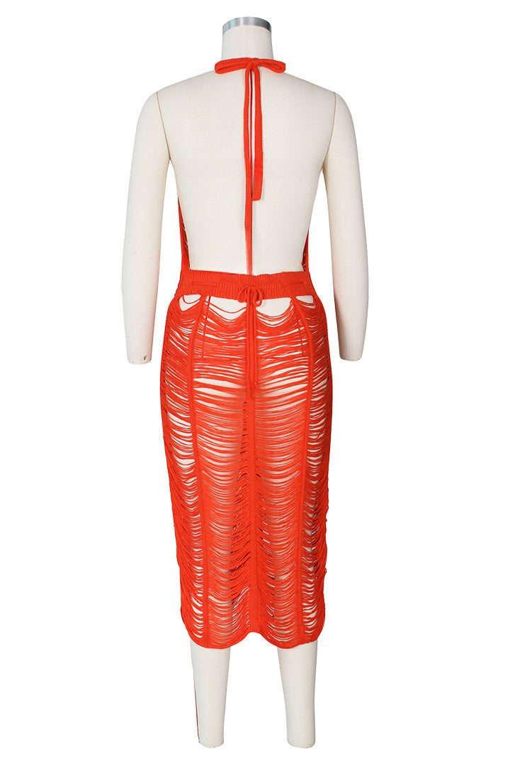 V-neck Backless Knit Maxi Dress