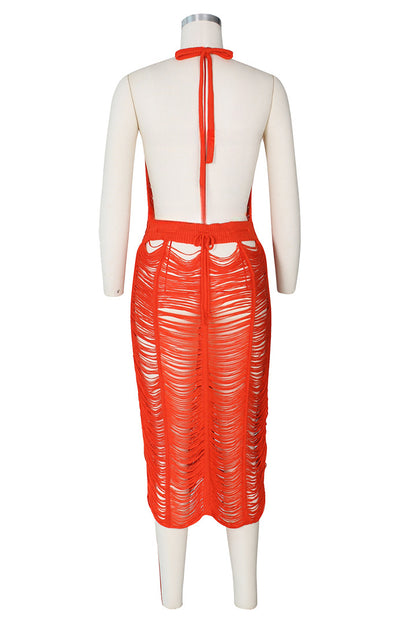 V-neck Backless Knit Maxi Dress